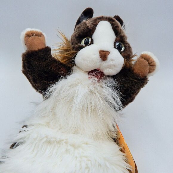 Folkmanis Cat Stage Puppet Retired Green Eyes Plush Fluffy White Brown 15 In Tag - Picture 1 of 10